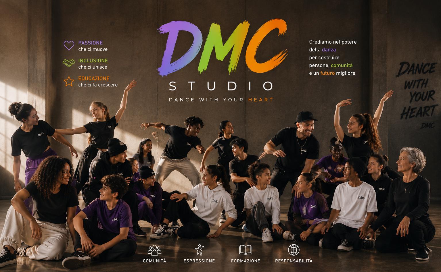 Il team di DMC Studio in posa nello studio di danza a Lugano